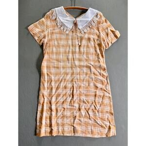 Vtg Plaid Prairie Dress Crochet Lace Size M Butterscotch Handmade OOAK